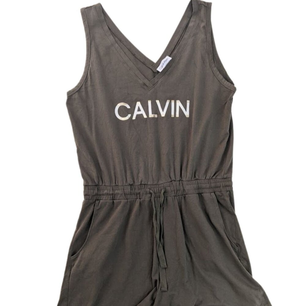 Calvin Klein Romper Metallic Olive Army Green Sleeveless Shorts Embellished Sz L